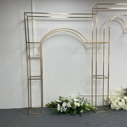 Shiny Gold-Plated Square Screen Backdrop Shelf, Wedding Arch, Geometric Flower, Door Stand, Artificial Flor, 2.2m, 3Pcs