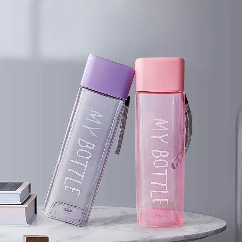 Portable Plastic Water Cup Square Bottle with Hand Strap Milk Cup Creative Frosted Portable Cup Student Sports Water Bottle