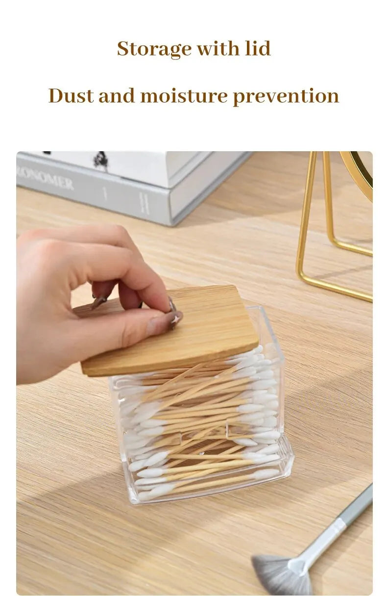 1set Transparent Acrylic Wood Cover Cotton Swab Box With 500 Cotton Swabs Cosmetic Cotton Storage Box