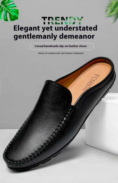 Closed Toe Half Shoes for Men Black Blue Mules Slippers Slip on Genuine Cowhide Leather Luxury Flat Sandals Man Summer 2025