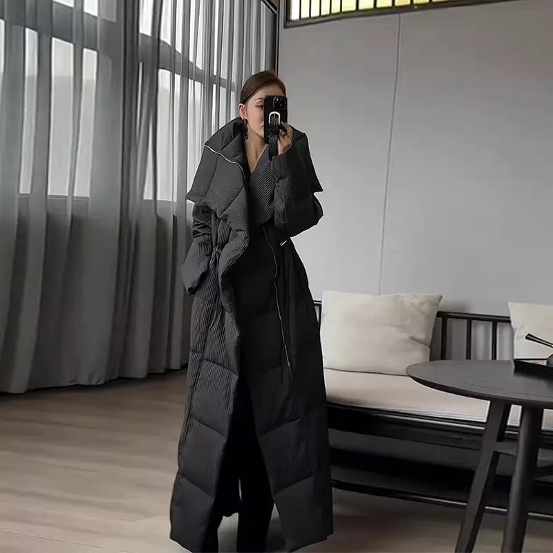 Winter Big Turn Down Collar Long Down Jacket Drawstring Striped Thick Knee Length Overcoat Warm White Duck Down Jacket Women