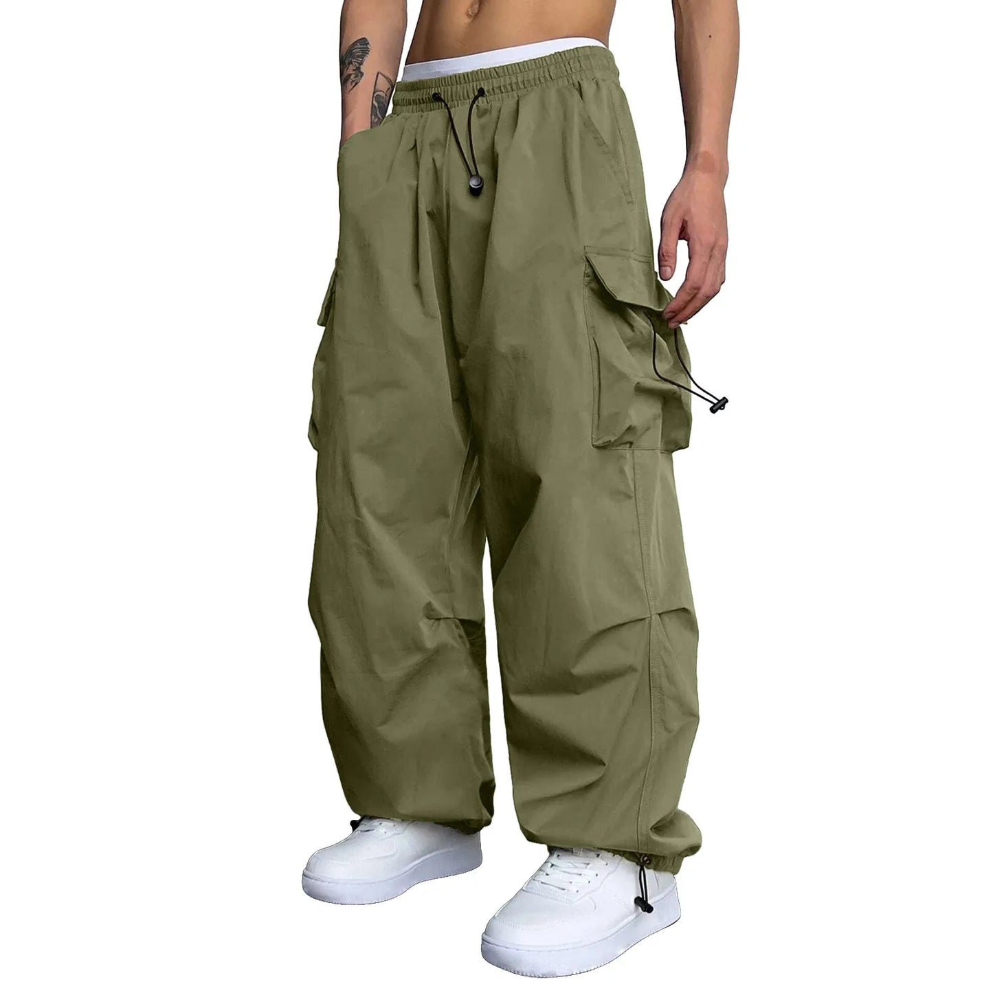 Mens Casual Sports Cargo Pants Woven Pocket Foot Rope Street Tie Solid Pants Mens Multi-Pockets Cargo Pants Pantalones Hombre