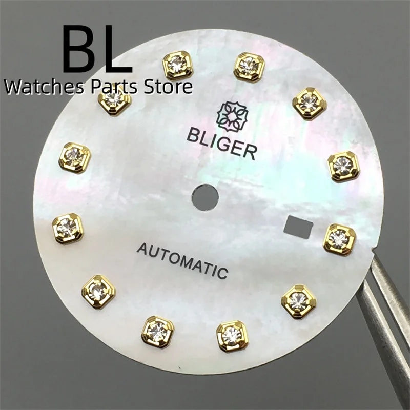 BLIGER 24.5mm Watch Dial Hand Set Sunburst Gray Rose White Mother Pearl Dial Roman Diamond Index Fit NH05 Movement Women Watches