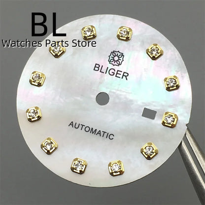 BLIGER 24.5mm Watch Dial Hand Set Sunburst Gray Rose White Mother Pearl Dial Roman Diamond Index Fit NH05 Movement Women Watches