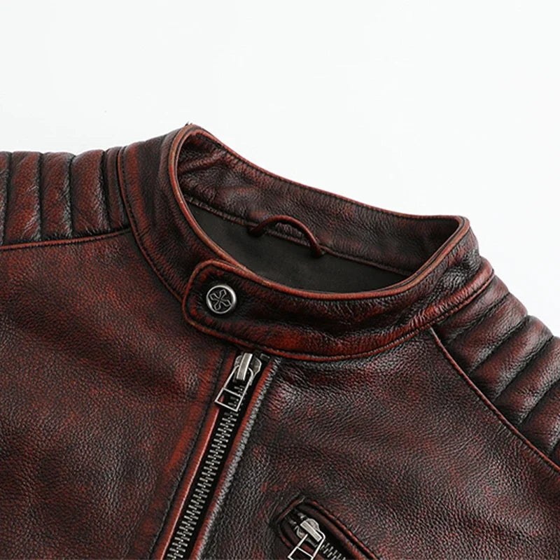 Copersian Men's Genuine Leather Jacket Natural Cowhide Hunting Jacket  Retro Motorcycle Jacket Spring Autumn Mens Clothes