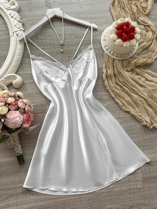 The latest women's satin nightdress V-neck with lace slit design comfortable sexy ladies pajamas