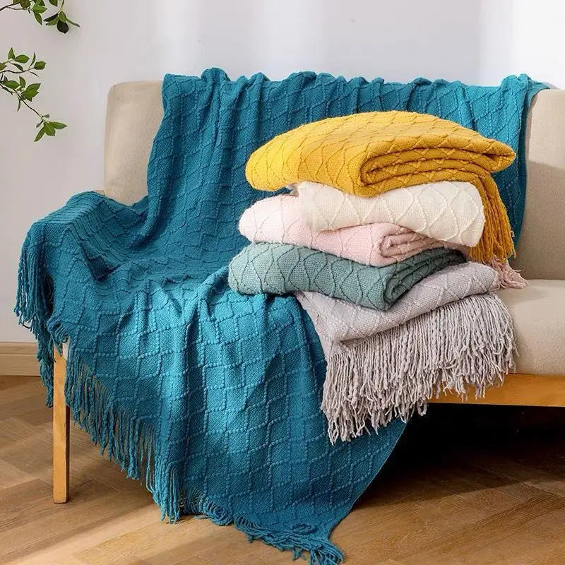 White Oversized Throw Blankets with Tassels 150x230cm Textured Knitted Boho Woven Big Blankets Bedspread Cover Manta Para Sofá