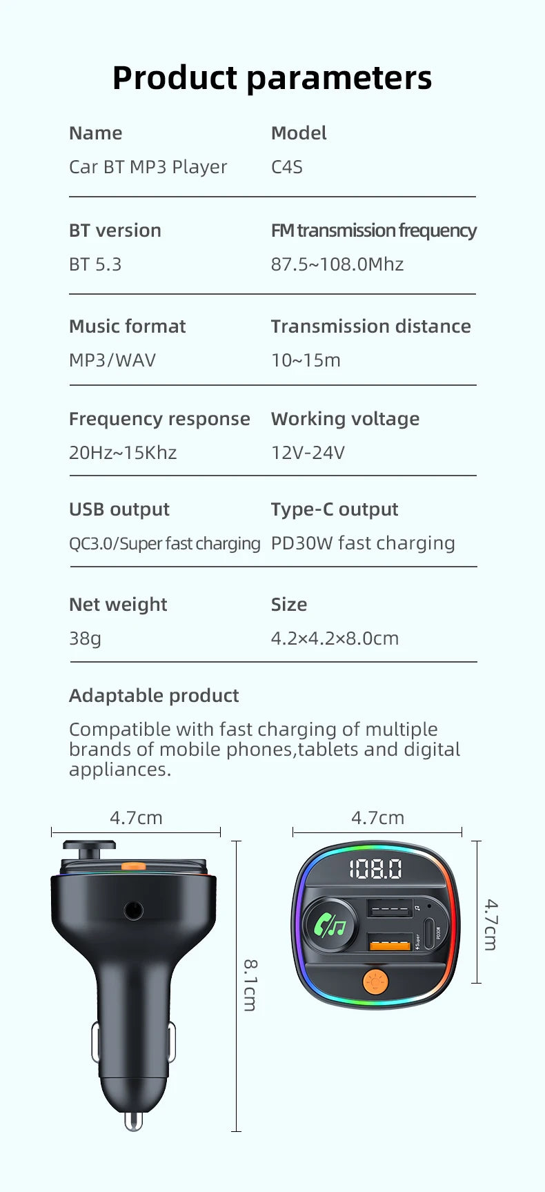 Bluetooth 5.3 FM Transmitter Handsfree Car AUX Radio Modulator MP3 Player with 22.5W & PD30W Fast Charge Adapter Car Accessories