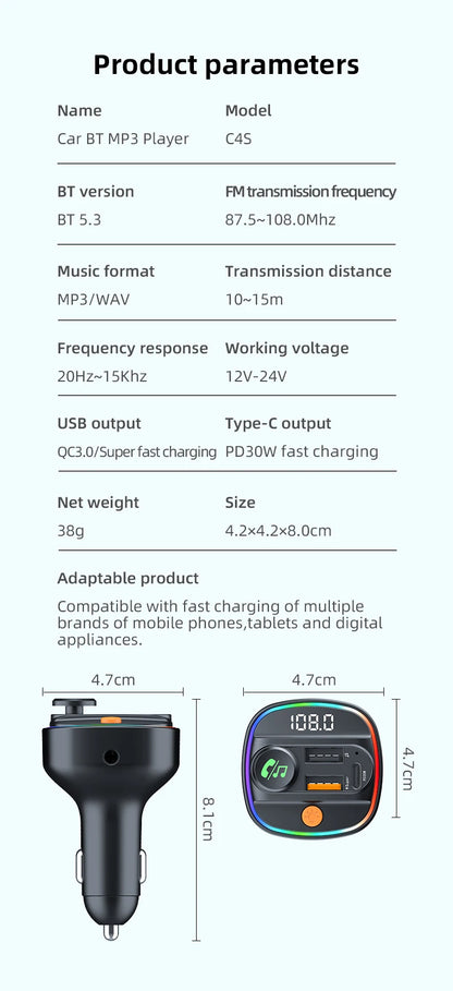 Bluetooth 5.3 FM Transmitter Handsfree Car AUX Radio Modulator MP3 Player with 22.5W & PD30W Fast Charge Adapter Car Accessories