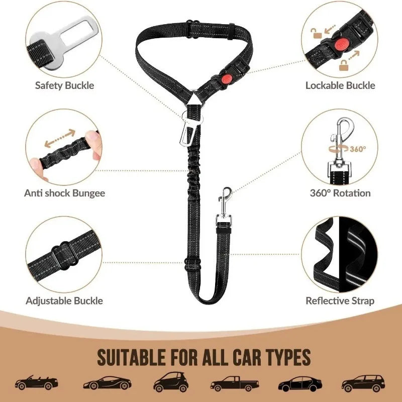 Dog Seat Belt for Car,Dog Car Harness Seatbelt Adjustable with Elastic Bungee Buffer, 2in1 Pet Leash Restraint Dog Safety Tether