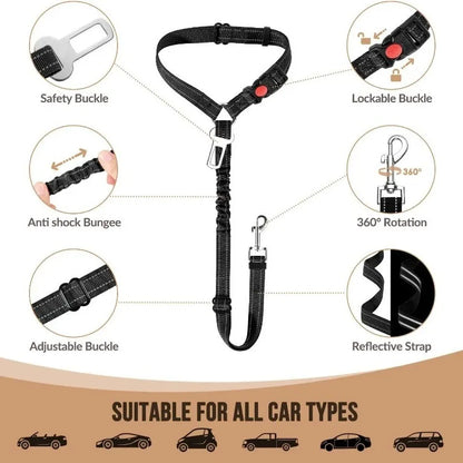 Dog Seat Belt for Car,Dog Car Harness Seatbelt Adjustable with Elastic Bungee Buffer, 2in1 Pet Leash Restraint Dog Safety Tether