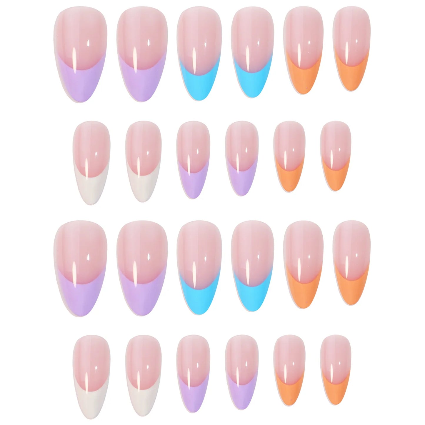 24Pcs Rainbow nail art multi-color fake nail French tip  long almond press on nail