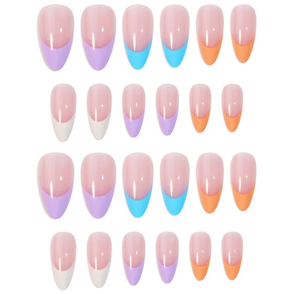24Pcs Rainbow nail art multi-color fake nail French tip  long almond press on nail