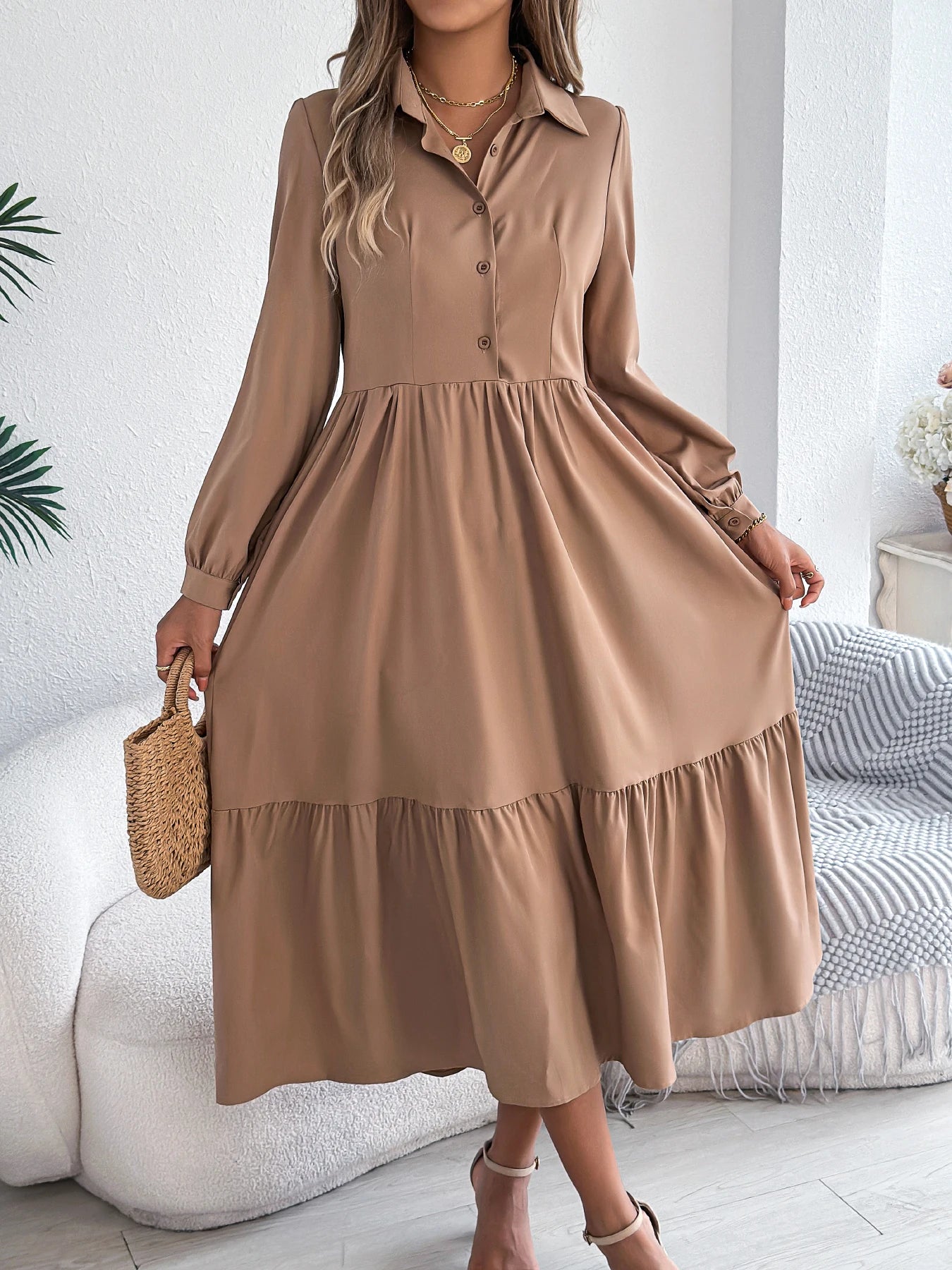 Casual Vacation Long Sleeved Turn-down Collar Single-Breasted Dress Spring Autumn Fashion Women's Clothing