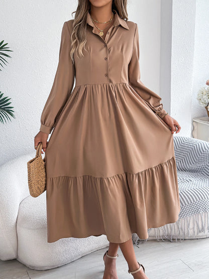 Casual Vacation Long Sleeved Turn-down Collar Single-Breasted Dress Spring Autumn Fashion Women's Clothing