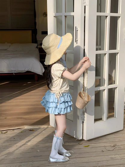 Baby Set 2025 Short Sleeved T-shirts New Summer Floral Top for Girls Solid Cake Skirt Two-piece Set