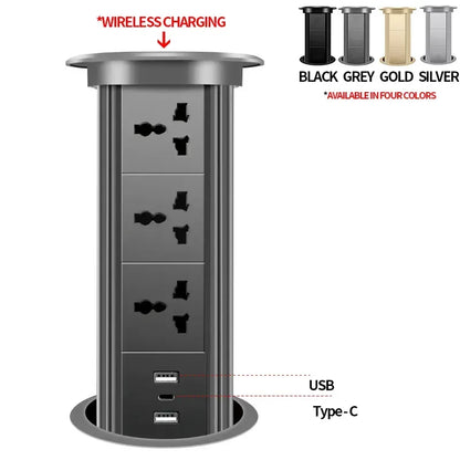 Motorized Pop up Tower Socket Wireless Charger Automatic Power Plug Desktop Worktop ,Eu Fr Socket USB Type-C Bluetooth Speaker