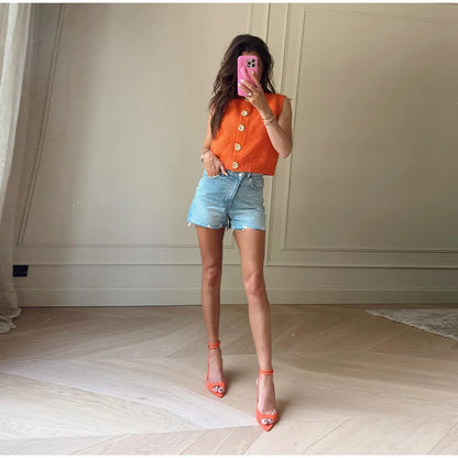 Elegant Unique Button Women's Cardigan Casual O-neck Knitted Single Breasted Sleeveless Blouse Female Summer Lady Office Wears