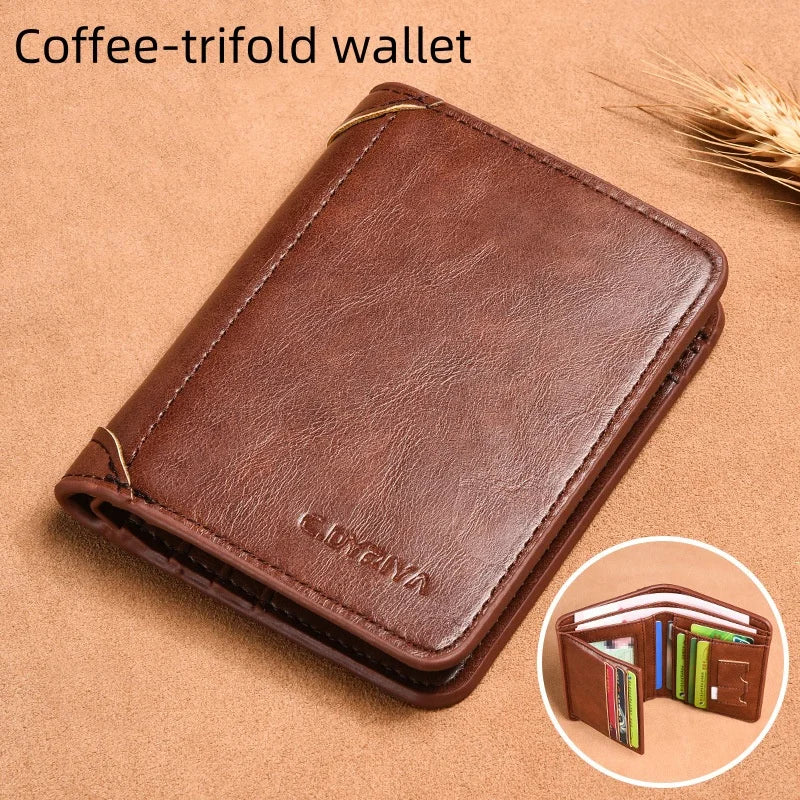 RFID Men Wallet PU Leather Blocking Trifold Wallet Vintage Thin Short Multi Function Id Credit Card Holder Male Purse Money