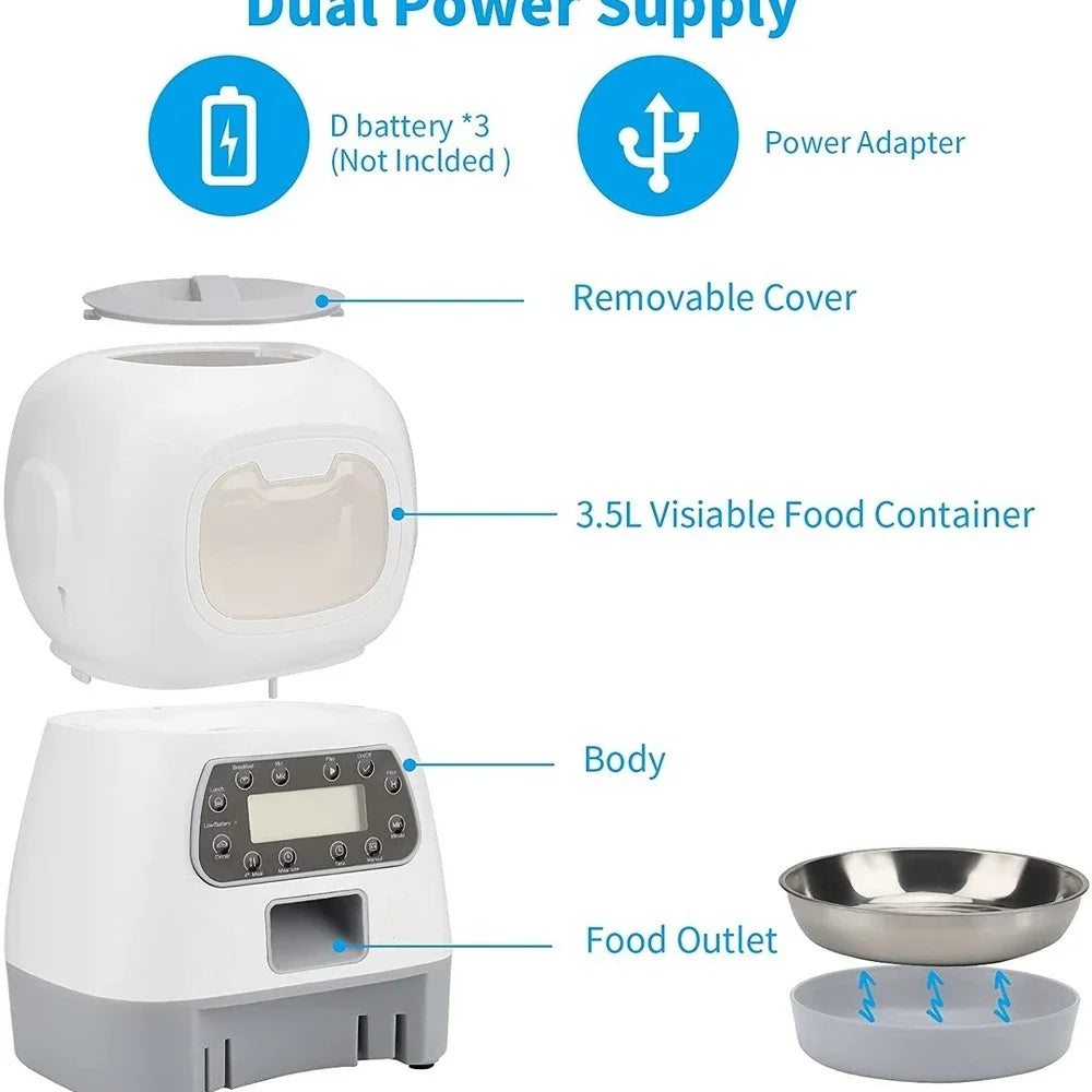 Automatic Dog and Cat Feeder 3.5 Liters Dry Food Dispenser Plus 2L Water Feeder Suitable for Small and Medium Pet Smart Feeders