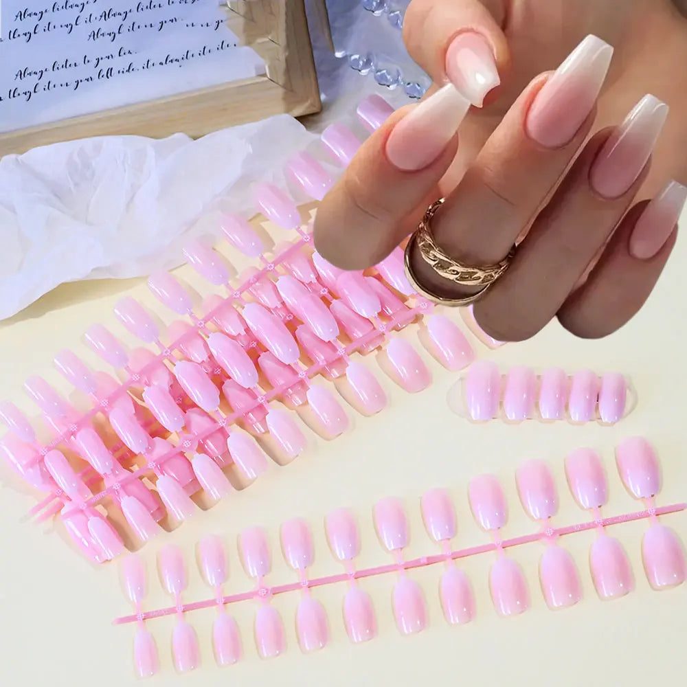120pcs Pink Ombre Medium Coffin Press On Nails Glossy Handmade Acrylic Fake Nails Tips Gradient Design Artificial False Nails