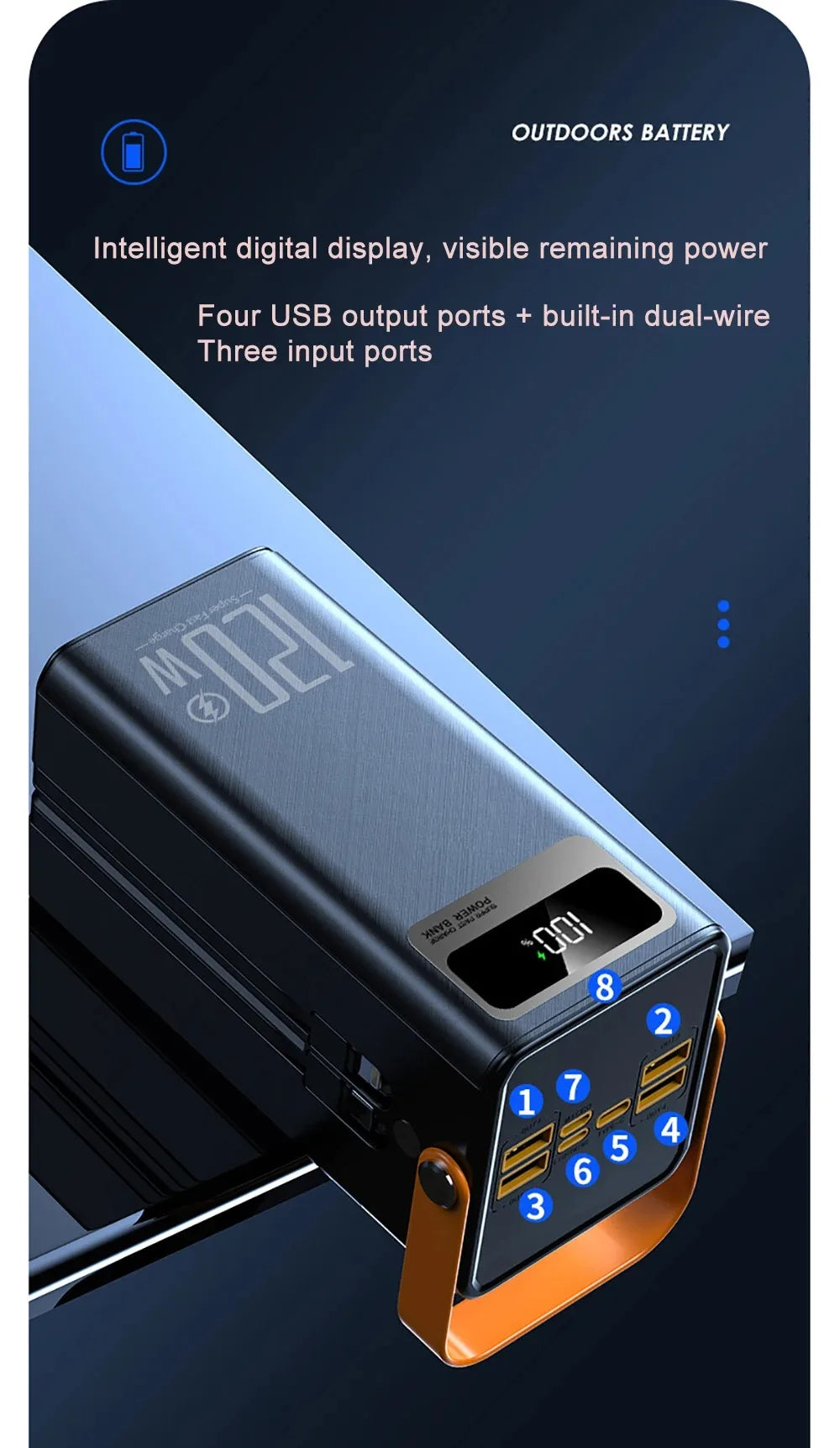 120W Super Fast Power Bank 200000mAh Large Capacity Outdoor Mobile Power Supply Supports 7 Devices to Charge At The Same Time