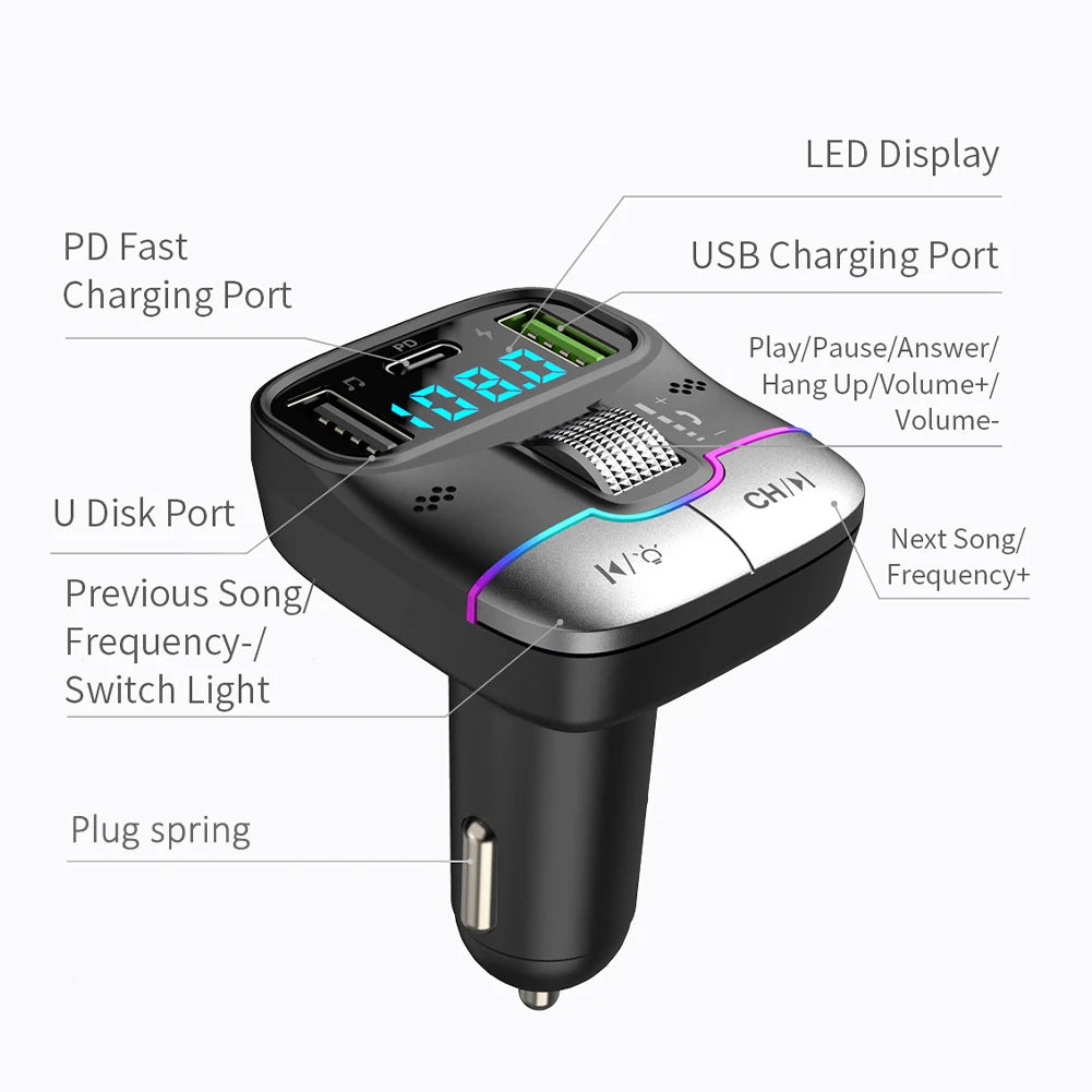 Bluetooth 5.3 Car FM Transmitter Wireless Bluetooth Car Adapter MP3 Player Handsfree Call Dual USB PD Fast Charger Roller Wheel