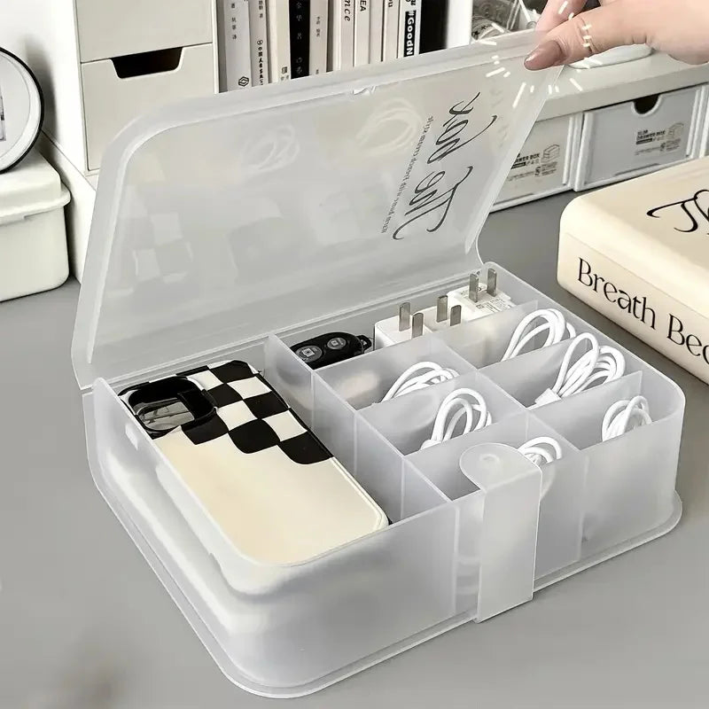 Desk Data Cable Storage Box Multi-Compartment Power Cord Organizer Desktop Cable Management Box for Phone Charger Plugs Jewelry