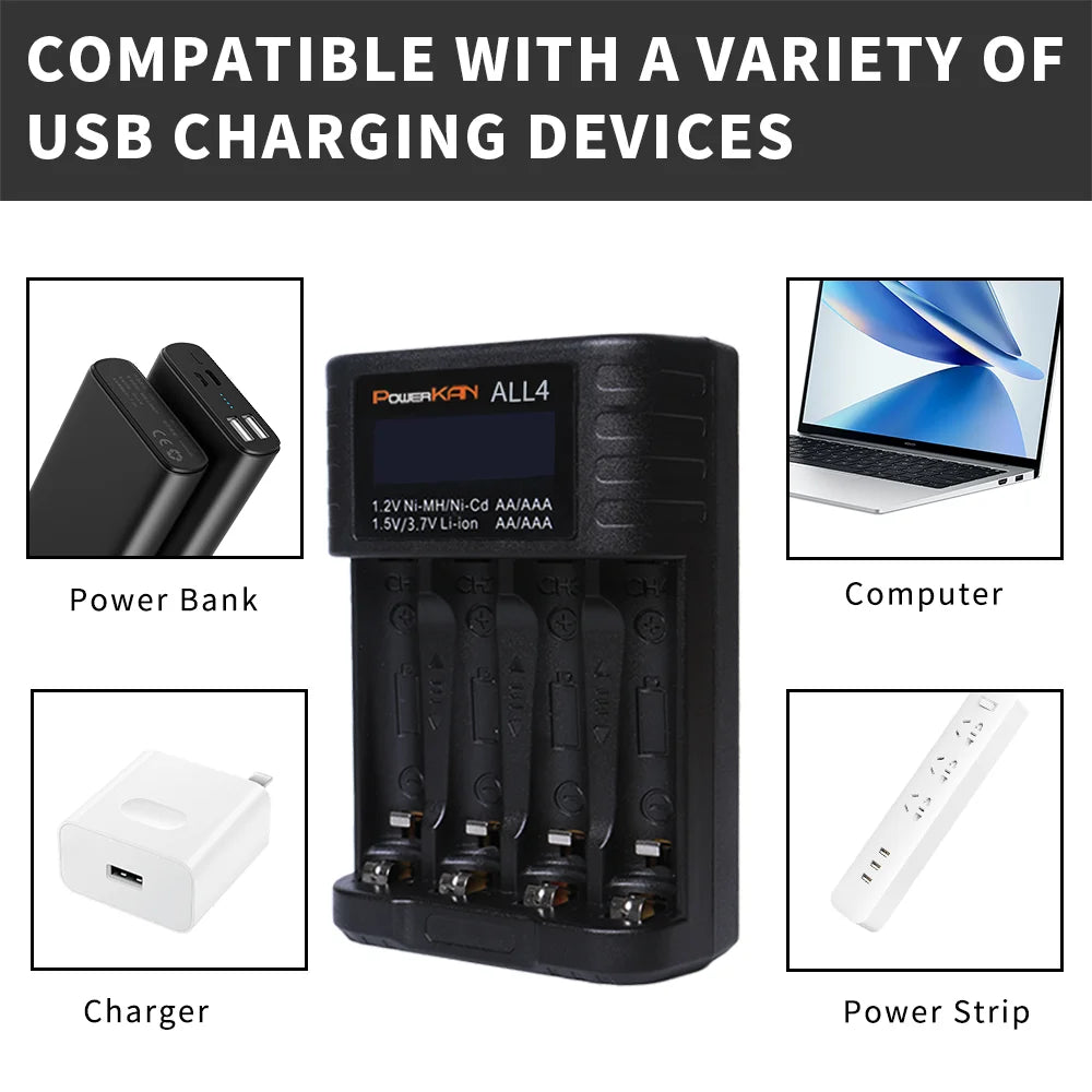POWERKAN ALL4 AA/AAA 4-slot Small Convenient Battery Charger for 1.2V  Hi-MH& 1.5V/3.7VLi-ion With LCD Screen