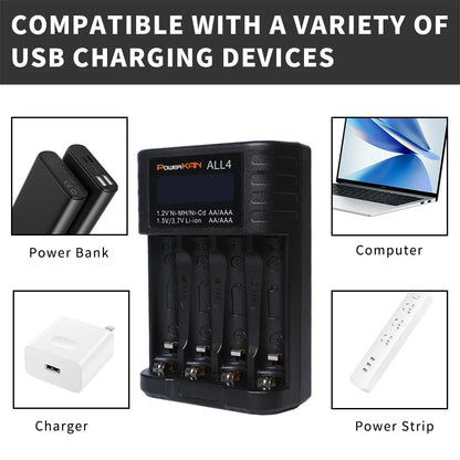POWERKAN ALL4 AA/AAA 4-slot Small Convenient Battery Charger for 1.2V  Hi-MH& 1.5V/3.7VLi-ion With LCD Screen