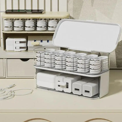 Cable Organizer Box Clear Cord Storage Organizer Cable Management Box with Compartments Charger Wires Case for Drawer Desk