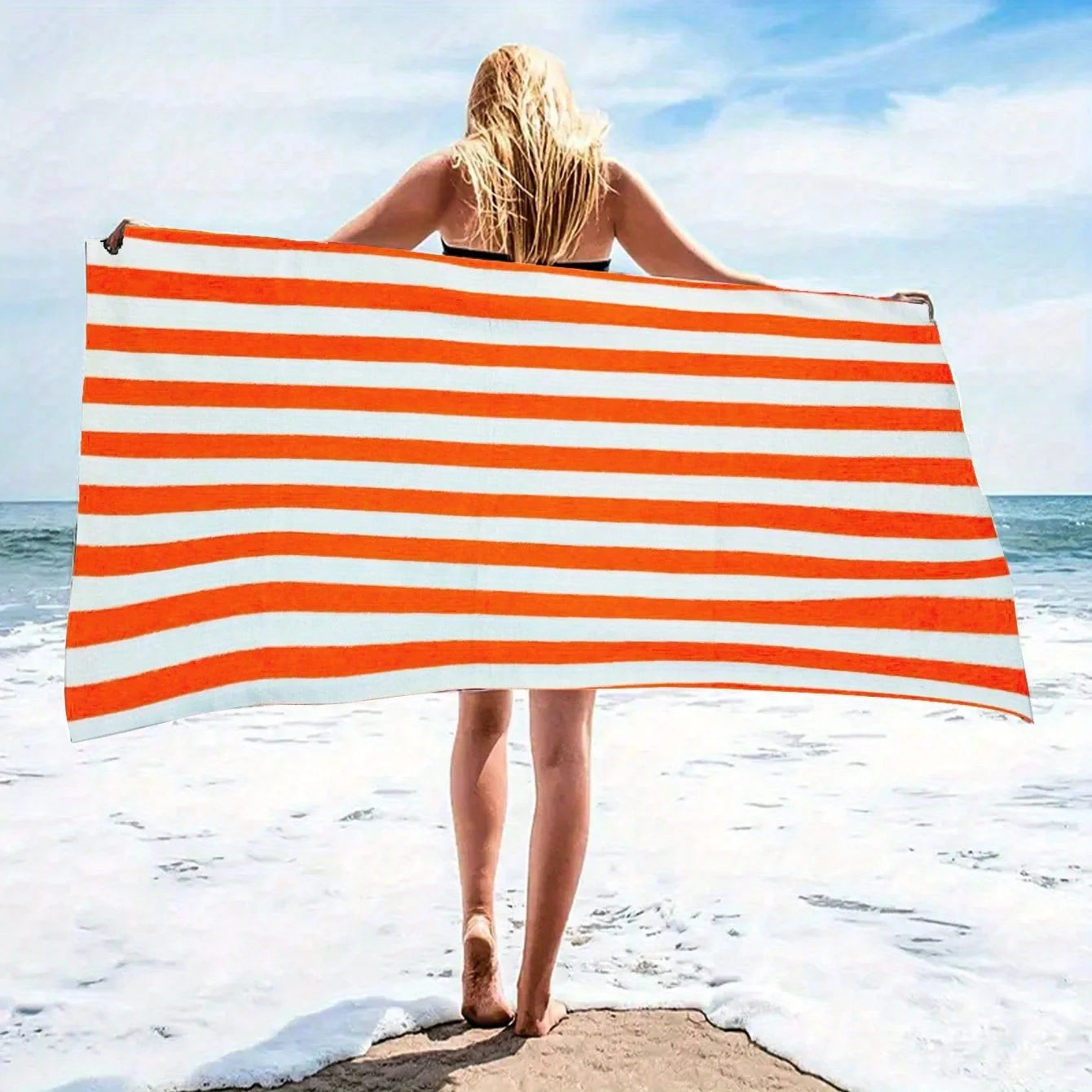 Blue White Striped Beach Towel - Quick-Dry Absorbent Polyester for Beach & Pool, Soft & Lightweight