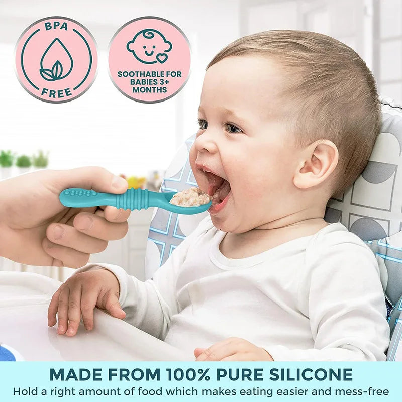 Food Grade Silicone Baby Training Fork Spoon Set for Teeth Grinding Complementary Rice Paste Baby Feeding Tableware