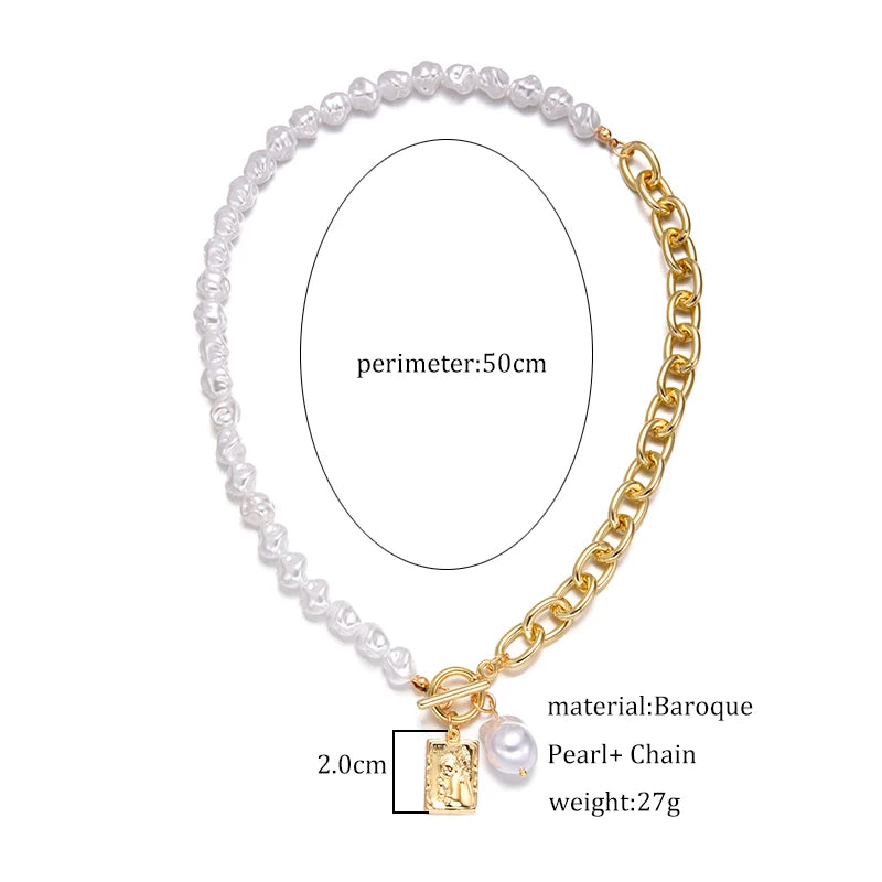 Fashion Irregular Baroque Pearl Golden Chain Necklace Women Jewelry Vintage Geometric Pendant Necklace for Women Accessories