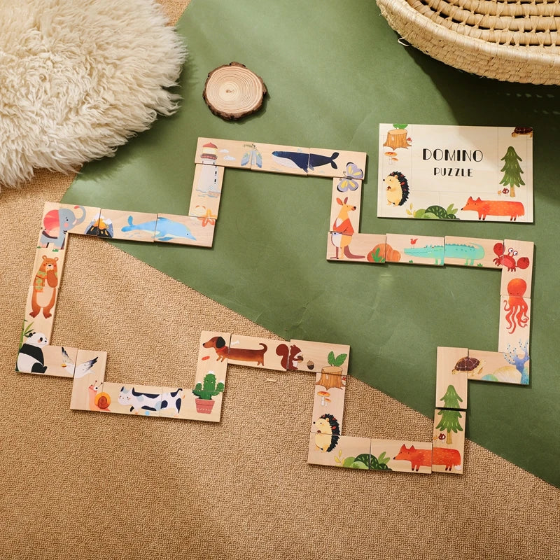 The Baby Montessori Domino Puzzle Toy Features Cartoon Patterned Dominoes With Smooth Edges That Are Super Fun For Babies