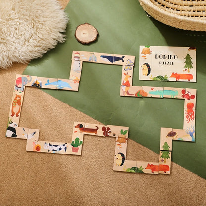 The Baby Montessori Domino Puzzle Toy Features Cartoon Patterned Dominoes With Smooth Edges That Are Super Fun For Babies