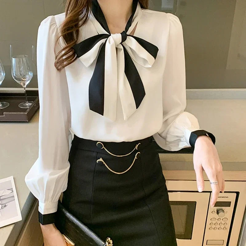 Elegant Office Blouses Women Chiffon Autumn Winter Korean Fashion Casual Streetwear Blusas Mujer Puff Sleeve Ladies Tops Shirts