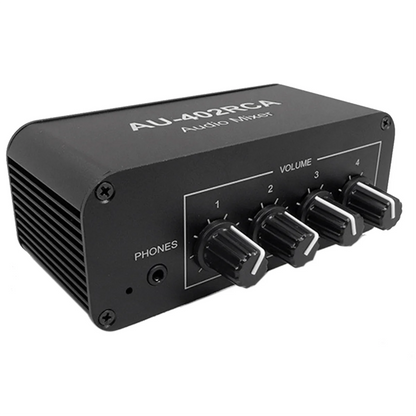 AU-402RCA Stereo Audio Mixer Multi-Channel Audio Source Reverberator Volume Control 3.5mm Headphone Driver 4 Input