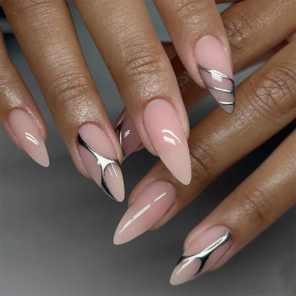 24PCS Press on Nails Bare Pink Metal Line Wearing Armor Medium Long Almond Shaped Women's Wearable Fake Nail Plate