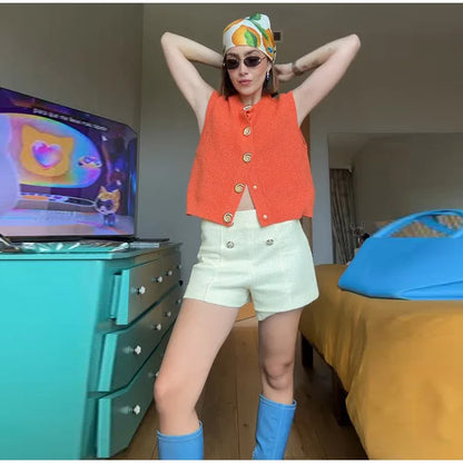 Elegant Unique Button Women's Cardigan Casual O-neck Knitted Single Breasted Sleeveless Blouse Female Summer Lady Office Wears