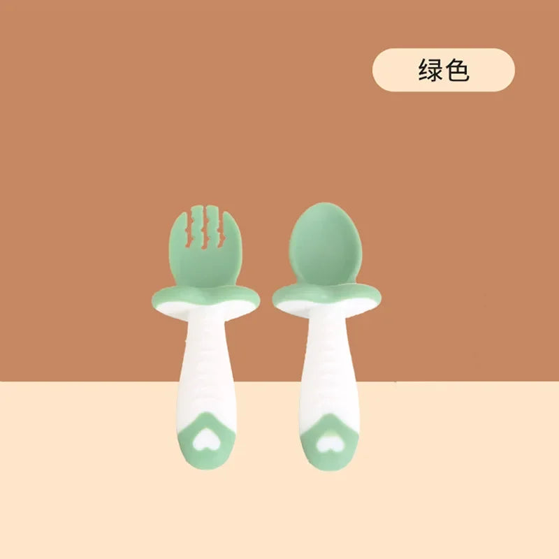 Baby Tableware Set Children Utensil Silicone Toddler Dinnerware Cutlery Cartoon Infant Food Feeding Spoon Fork Baby Gadgets