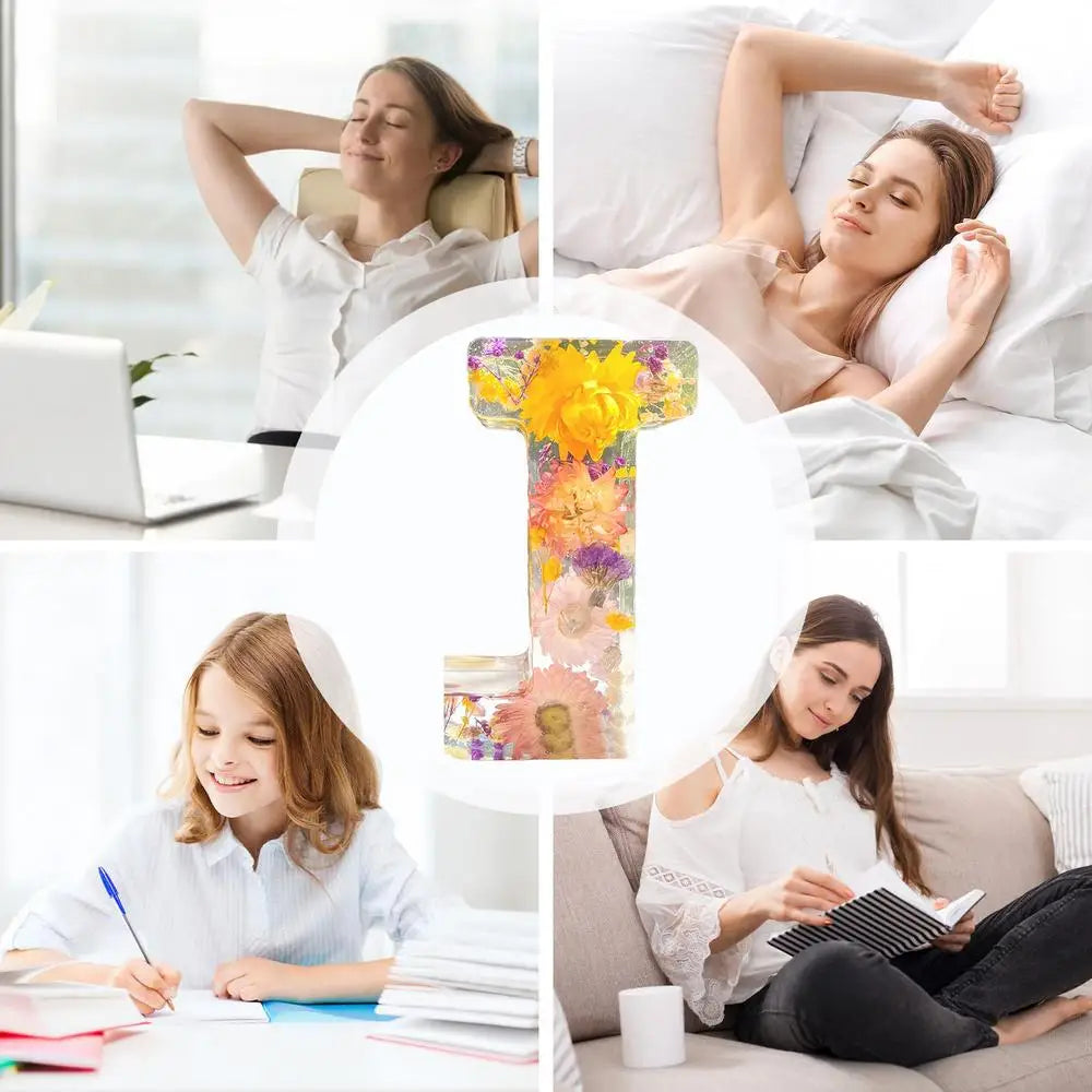 Floral 26 Letters Night Lights Decorative Resin Lamp with Initial Letter & Dry Flower Creative Table Light Night Lamp Glowing