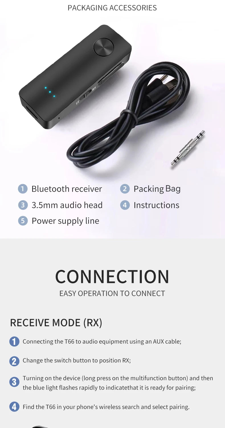 2-In-1 Wireless Audio Adapter Bluetooth 5.4 Receiver Transmitter 3.5mm AUX Lossless Sound MIC For Car Speaker TV PC Airplane