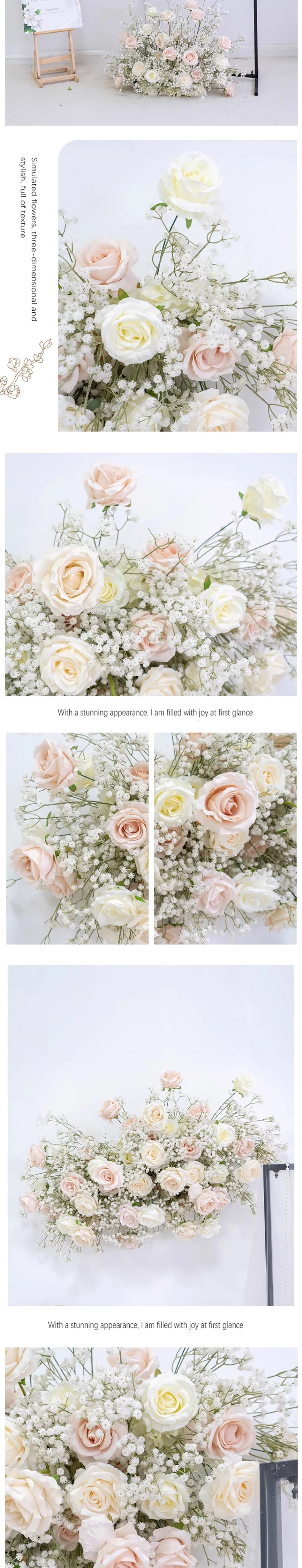 Luxury White Rose Babys breath Artificial Flower Row Wedding Backdrop Arch Decor Hang Floral Arrangement Event Party showcase