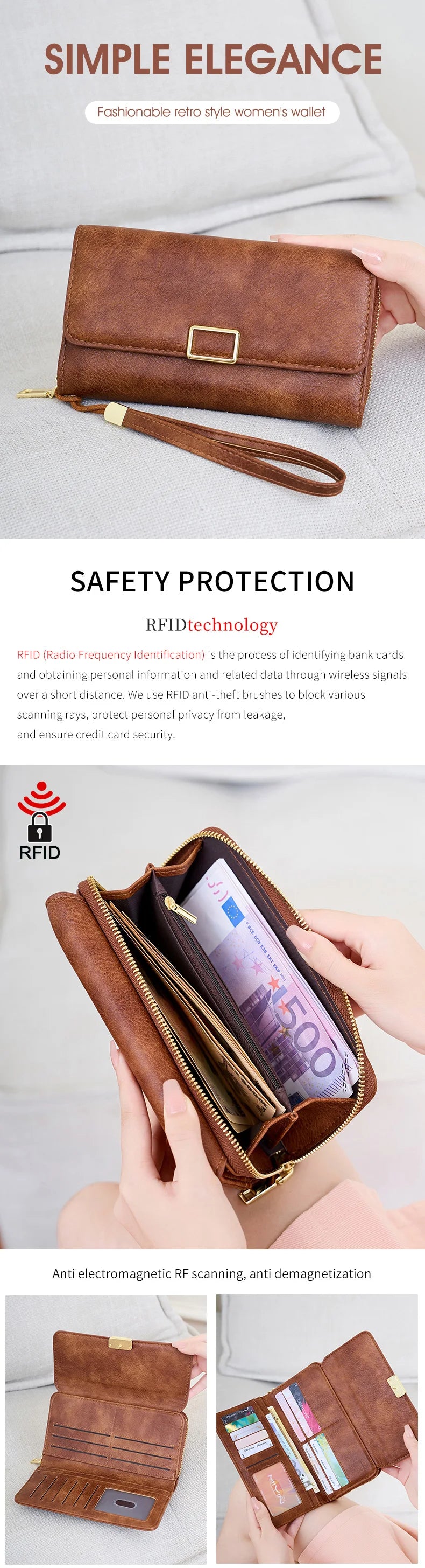 RFID Blocking Women's Wallet Large Capacity Credit Card Holder Clutch Bag Trifold Large Capacity Zipper Long Wallet Coin Purse
