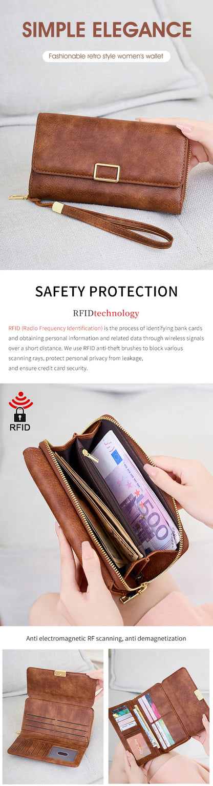 RFID Blocking Women's Wallet Large Capacity Credit Card Holder Clutch Bag Trifold Large Capacity Zipper Long Wallet Coin Purse
