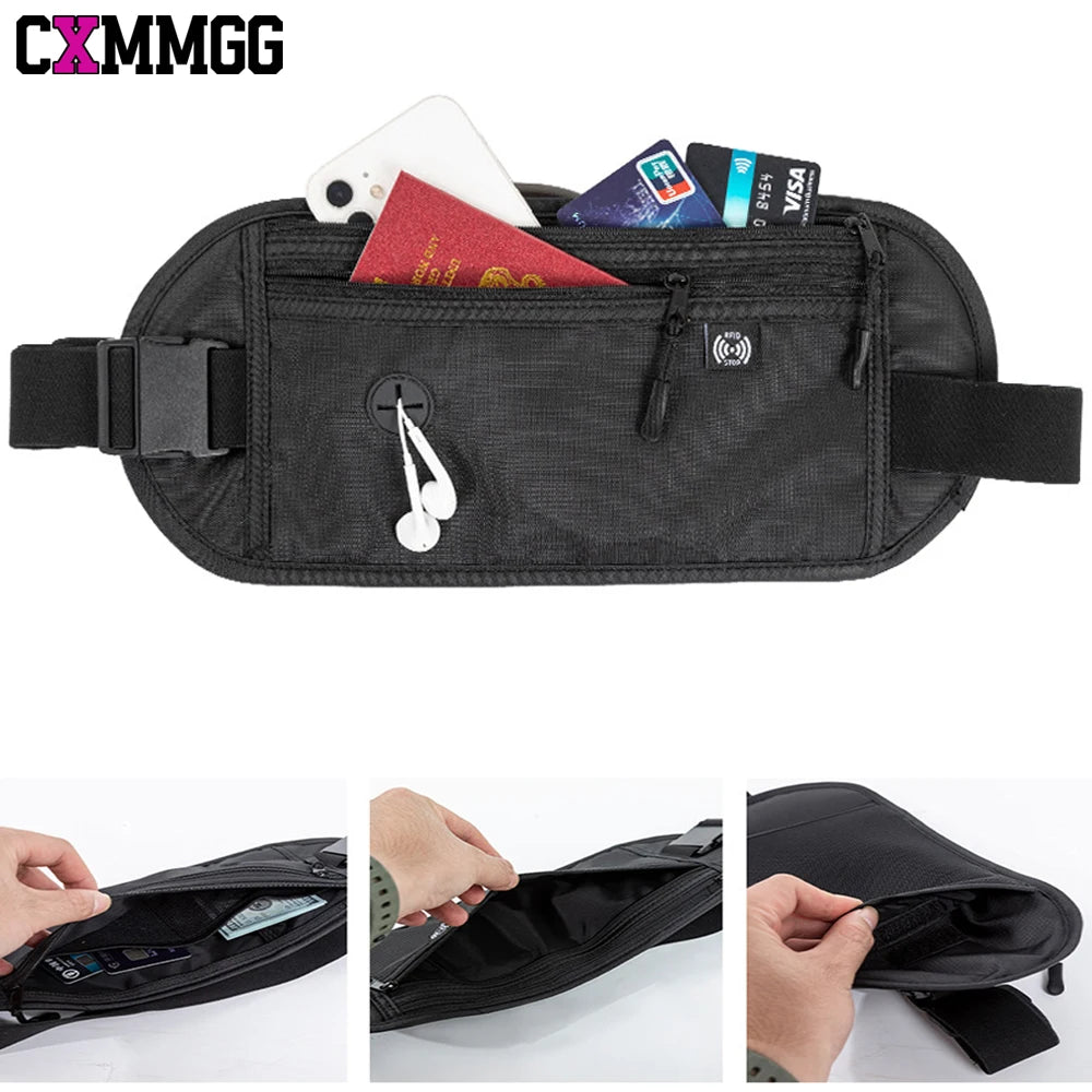 RFID Blocking Money Belt for Travel -Hidden Anti-Theft Passport Wallet & Slim Fanny Pack - Secure Waist Pouch for Cash, Cards