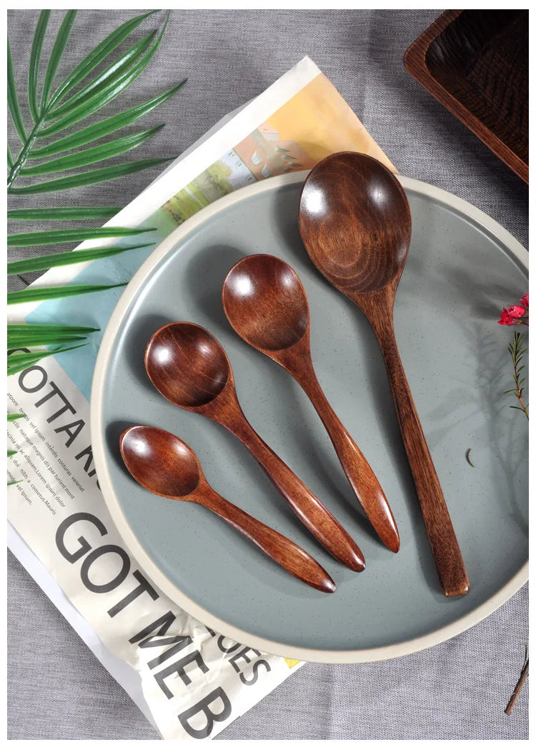 Japanese Wooden Spoon Long Handle Ramen Spoon Baby Eating Spoon Drinking Porridge Spoon Household Wood Tableware Round Spoon