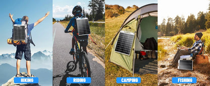 Portable solar power bank with two USB ports, suitable for outdoor camping, charging mobile phones or other electronic devices.