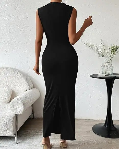 Women's Ruched Bodycon Dress Summer Casual Sleeveless Back Slit Elegant Club Evening Party Cocktail Maxi Dresses